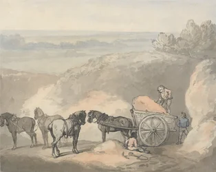 Chevaux et une charrette dans une sablière